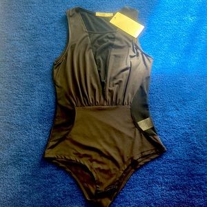 Vera & Lucy Bodysuit black with deep V plunge neck mesh size  Small BNWT